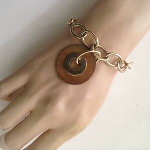 Vintage, Simple Gold Chain Bracelet with Wooden Charm